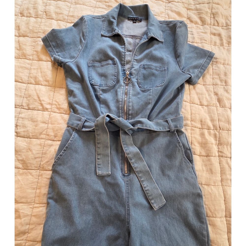 Haute Monde Jumpsuit Women Large Blue Zip Front Belted Denim HMP40076 Utility